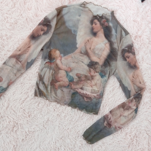 Sheer mesh Renaissance angel art lettuce edged mock-turtleneck crop top! Nwot! - Picture 8 of 10